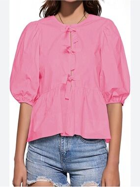 Tie Front Small Women Babydoll Puff Long Sleeve Bow Peplum Blouse Coquette nwot